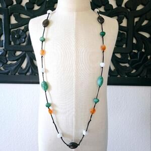 Green Brown Glass Beaded Long Single Strand Strung Necklace